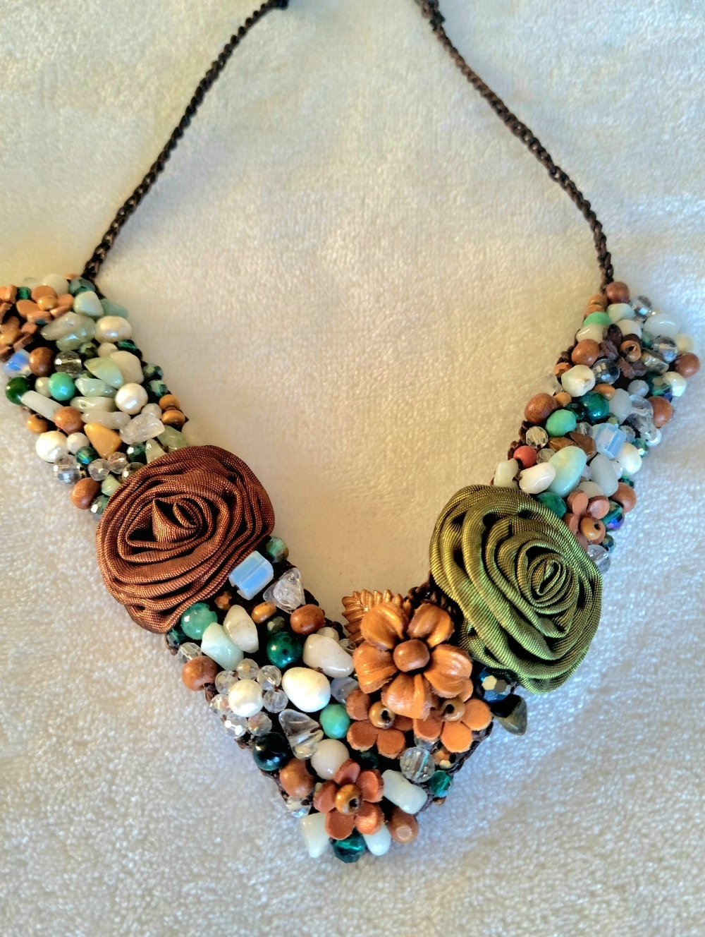 Handcrafted Beaded Floral Statement Necklace with Brown and Olive Fabric Roses